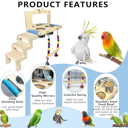 Bird Perch Platform with Mirror Ladder Swing Bowl,Parrot Play Gym Cage Toys | Bird Wood Playing Exercise Stands Perches,Parakeet Climbing Ladder Playground Cage Accessories for Cockatiel Budgie Lovebird - size: Bird Perch Platform with Mirror Ladder Swing