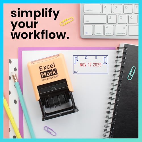 ExcelMark 2445 Date Stamp with Text - Blue and Red Ink (Peach Mount, Paid) - color: Peach Mount, size: Paid
