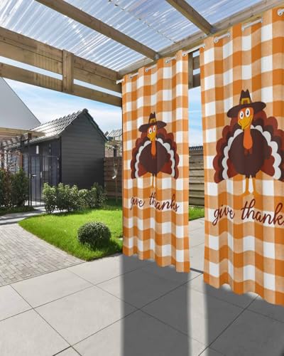 Outdoor Curtains for Patio, Thanksgiving Turkey Waterproof Blackout Outside Curtain for Porch/Pergola/Gazebo, Fall Orange Farmhouse Plaid Thermal Insulated Drapes for Cabana, 2 Panels, 54 x 84 Inch - size: 54"W x 84"L (Pack of 2)