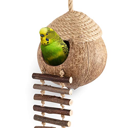 andwe Coconut Bird Nest Hut with Ladder | fits for Parrots Parakeet Conures Cockatiel Small Animals House Pet Cage Habitat