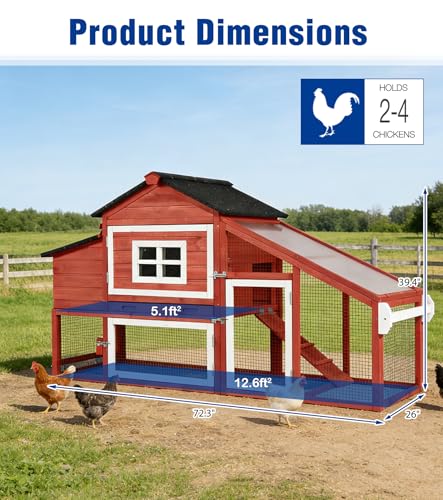 Chicken Coop with Run and Wheels Outdoor Poultry Hen House with Slide-Out Tray Chicken Cage Weatherproof Roof Predator-Proof for Backyard Red - color: 72.3"L Red & White