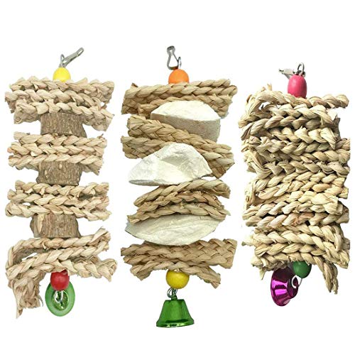 Hamiledyi Parrot Toys Chewing Bird Toy Cuttle Bone Beak Grinding Cage Hanging Bell Toys for African Greys Amazon Conure Eclectus Budgies Parakeet Cockatiel Hamster Chinchilla Rabbit 3 Pack