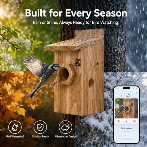 Smart Bird House with Camera, Wooden Birdhouse for Outdoor Bird Watching, App Live View, Color Night Vision, Motion Detection, 2-Way Audio, Waterproof Bird Nesting Box - color: Natural Walnut, size: Wired Edition