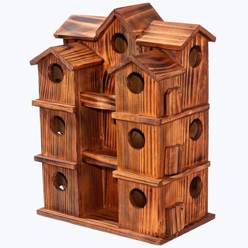 MIXUMON Wooden Bird Houses for Outside – 15 Rooms Multi-Chamber Bird House, Carbonized Pine Rustic Finish, 1.57" Entrance Holes, Individual Cleaning Doors, Decorative Outdoor Bird Nesting Box