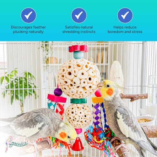 Multi-Texture Bird Parrot Shredding Foraging Hanging Toy with Natural Sola Balls, Chew Shredding Paper Forage Toys, Bamboo Finger Traps for Birds Large Parrots, Conures, and Cockatiels