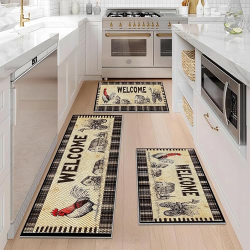Farmhouse Kitchen Rugs Set of 3, Non Slip Washable Durable Stain Resistant Floor Mat Set,Red Rooster WELCOME Pattern Warm Home Decoration,Rooster Welcome Retro Kitchen Runner Rug 16"X24"+20"X32"+20"X4 - color: Multicolour-red Rooster Welcome
