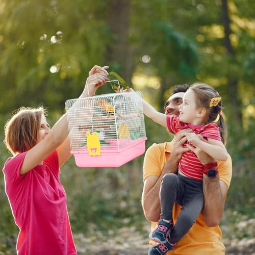 Small Bird Cage for Travel, Parrot Carrier with Handle 9.5"L x 12"W x 12"H | Sturdy, Easy to Clean & Install, Birdcages with Trays, Standing Perch, Feeder Cups for Smaller Birds Lovebird Parakeets, Pink - color: Pink