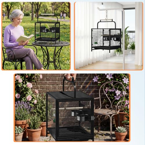 25.9''H Travel Bird Cage for Small Parrots Wrought Iron Portable Carrier Parrot Cage with Food Bowl/Perch, Slide-Out Tray for Canaries Budgies Parrotlets Lovebirds Conures Cockatiels, Black | Wrought Iron Portable Carrier Parrot Cage w/ Slide-Out Tray for