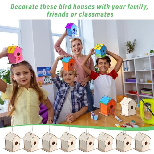 DoubleFill 12 Pcs 6.3'' Wooden Bird Houses Kits Bulk for Kids to Build DIY Unfinished Wood Birdhouses to Paint Wood Arts and Crafts Birthday Gifts for Vbs Crafts Class Parties