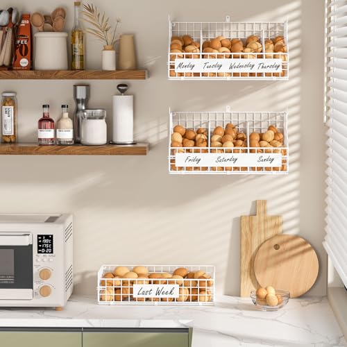 Egg Holder Countertop with 5 Dividers & DIY Nameplate to Separate Eggs | 3 Tier Stackable Wire Storage Baskets for Gathering Fresh Eggs, Wall-Mounted XXL Egg Rack, White (Patent Pending) - color: White, size: 3-Tier X-Large