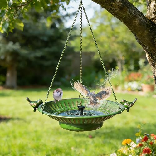 13" Hanging Bird Bath with Solar Fountain,Metal Solar Bird Bath (Green) | Hanging Solar Bird Bath,Birdbath Bubbler ,Hanging Bird Bath for Outdoors Garden, Patio & Yard.