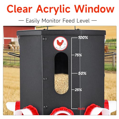 Automatic Chicken Feeder 8 Feeding Ports, 50lbs No-Waste Gravity Poultry Feeder 8 Feeding Ports with Rainproof Lid, Rodent-Proof Large Capacity Metal Chicken Feeder for Hens, Ducks, Birds