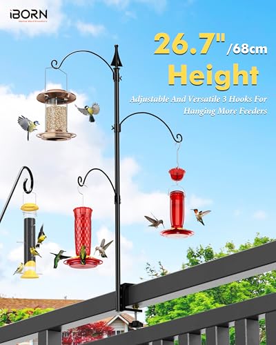 iBorn Bird Feeder Hook for Deck Railing Outside Hanging for Hummingbird Feeders Deck Hanger,3 Hooks 360 Degree Swivel,Attracting Birds Shepard Hook for Bird Feeders (Feeders are Not Included) - size: 26.7" Height with Tri-Hooks