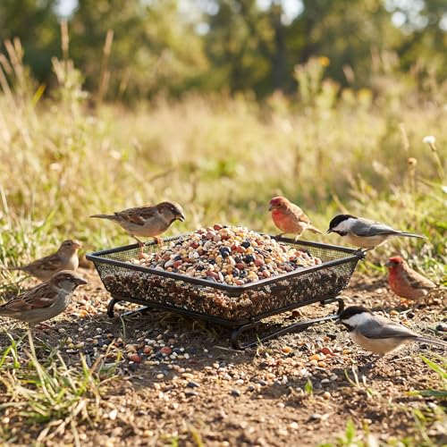 2 Pcs Railing Bird Feeder Tray for Balcony Deck Railing Bird Feeder Tray for Balcony 6.9 x 6.9 x 2.3 Inch Platform Bird Seed Tray with 4 Elastic Ropes & 2 Scoops for Outside Wild Birds or Squirrels