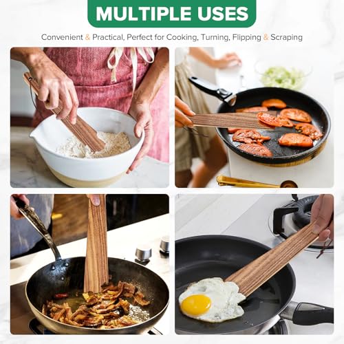 Wooden Spatula for Cooking, Teak Wood Turner & Flipper,2 Pcs,12″ | Versatile, Flat Stick Scraper Spurtle Set, Flipping, Scrambling, Turning Egg, Pancakes, Cast Iron Skillets,Non-Stick Cookware