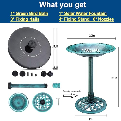 Bird Bath with Solar Fountain, 20in Green Bowl for Outside Garden Yard Lawn | 100% Solar Auto-start Pump, 6 Spray Nozzles, Rustproof Plastic, Holds 1.58gal Water, Attracts Birds & Butterflies, 28in Tall - color: Green Bird Bath