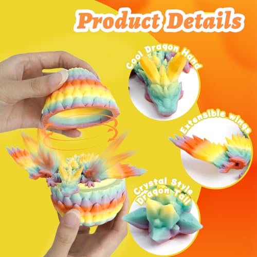 4 Pack 3D Printed Dragon Egg - Small Scale Egg with Winged Dragon Inside, Surprise 3D Printed Gift Toy, Desk Executive Pet, Figurine Decor - color: Rainbow Series