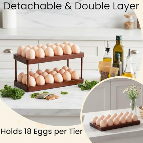 Acacia Wooden Egg Holder with Double Layers, Detachable Wooden Egg Tray Holds 36 Fresh Eggs, Countertop Storage Rack for Gathering Fresh & Easter Eggs, Rustic Decor