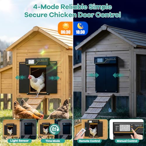 7W Solar Powered Automatic Chicken Coop Door, Aluminum Horizontal Dual-Door | Large Auto Chicken Door Opener, 4 Modes with Timer & Light Sensor, Anti-Pinch Poultry Door with Remote Control
