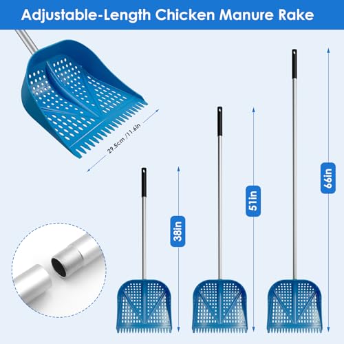 Thiswing Chicken Poop Scooper & Rake 2-in-1, Blue | Adjustable Handle Length, Features Manure Sifting Capability, Ideal for Chicken Coops and Farm Animal Cleaning - color: Blue