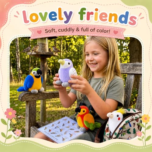 Soulchen 4 Pcs Parrot Birds Stuffed Animals Toy Gift Set 4.7 Inch | Macaw, Budgie, Cockatiel, Sun Conure Small Plush Parrot Stuffed Animal Doll Toys for Kids Boy Girl Birthday Party Bird Lovers