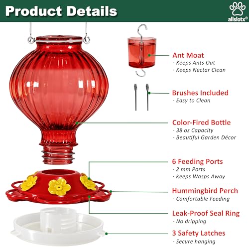 Glass Hummingbird Feeder for Outdoors Hanging, 38 oz Nectar Capacity, 6 Feeding Ports, Leak-Proof Rust-Free Plastic Base, Easy to Refill & Clean, Decorative Red Glass Bird Feeder for Garden Patio - color: Red, size: 38 Fluid Ounces