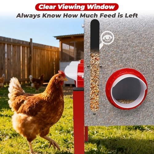 Automatic Chicken Feeder 100LBS Large Capacity, 12 Anti-Waste Ports Metal Poultry Feeder with Height Adjustable Stand, Waterproof Rodent Proof Feed Box with Lid Viewing Window for Hens Ducks Geese - size: 100LBS