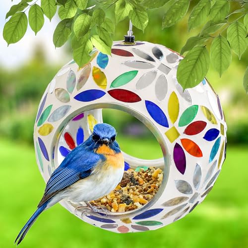 Sunnydaze Mosaic Glass Bird Feeder, Fly-Through, Rainbow Daisies | 6" Small Unique Hanging Bird Feeder for Outdoors, Drainage Hole, Weather-Resistant, Birdfeeder for Cardinals, Jays, & Finches - color: Rainbow Daisies Mosaic