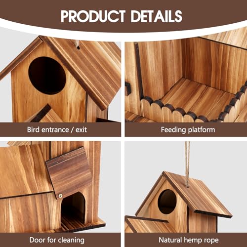 Bird Houses for Outside, Outdoor 3-Hole Large Birdhouse Bird Feeder for Bluebirds, Finches, Cardinals and Yellow Finches, Wooden Hanging Edible Wild Bird Nest Garden Decorative