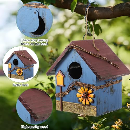 DoubleFill 2 Pcs Birdhouses for Outdoor Hanging Yard Outside Wooden Birdhouse Hand Painted Bird Box for Bird Lovers Bluebird Tree Garden Decor Decorative Birdhouse(Red,Blue,Wooden Roof) - color: Red,Blue, size: Wooden Roof