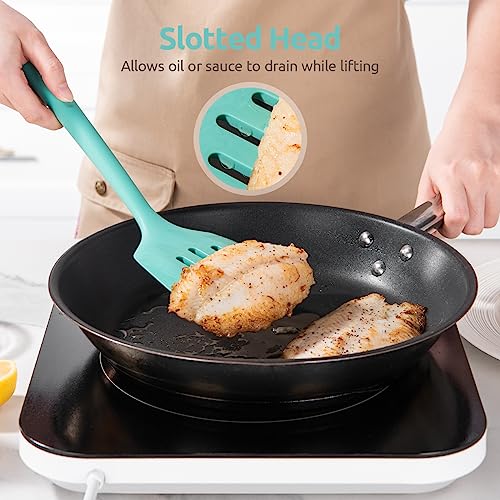 U-Taste 600ºF Heat Resistant 13.6in Long Solid & Slotted Silicone Turner and 600ºF Heat Resistat Silicone Flexible Baking Spoon Spatula & Cooking Scoop Spoonula (Aqua Sky)