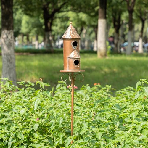 Glitzhome Birdhouses for Outdoors, Bird Houses for Outside, 53" H Farmhouse Faux Copper 2-Tiered Distressed Metal Bird House Decorative Garden Birdhouse with Stake
