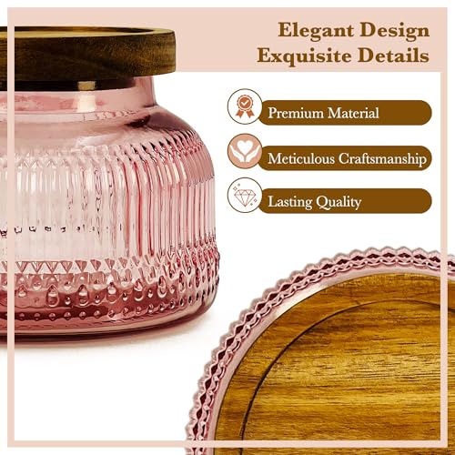 Decorative Pink Ribbed Glass Jar with Airtight Wooden Lid, 25.4 fl. oz | Wide mouth vintage storage canister, kitchen pantry bathroom organization, coffee sugar tea cookie candy candle vase gift - size: 25.4 Ounces, style: Pink Ribbed