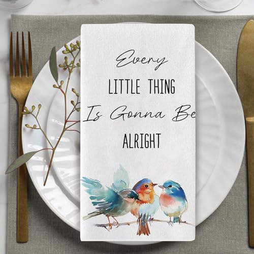 Inspirational Watercolor Birds Kitchen Dish Towels Set of 2 | Every Little Thing is Gonna Be Alright Drying Hand Towel, Spring Summer Cardinal Bluebird Bathroom Baking Cooking Cloth