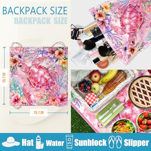 Sea Turtle Beach Towel Bag - Pink Multi-Functional Microfiber Beach Blanket Flower Printed Drawstring Bag for Travel - color: Summer Turtle Pink