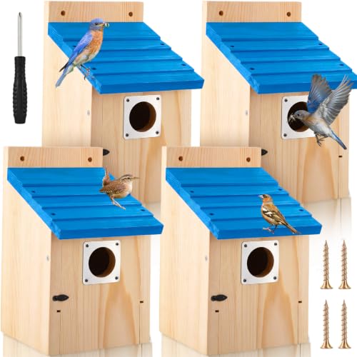 Dreyoo 4 Pack Bluebird Houses for Outside with Metal Predator Guard, 1-1/2" Entrance Hole Wooden Blue Bird Houses for Outdoors, Bluebird Nesting Box(Blue Roof, Wood Body) - color: Blue Roof, Wood Body
