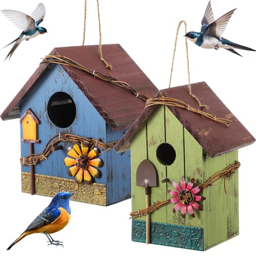 DoubleFill 2 Pcs Birdhouses for Outdoor Hanging Yard Outside Wooden Birdhouse Hand Painted Bird Box for Bird Lovers Bluebird Tree Garden Decor Decorative Birdhouse(Red,Blue,Wooden Roof) - color: Red,Blue, size: Wooden Roof
