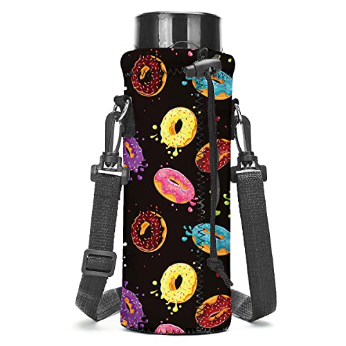 AMARY 500ML Neoprene Water Bottle Carrier Bag with Adjustable Shoulder Strap,Insulated Water Bottle Cover for Stainless Steel/Glass/Plastic Bottles 16.9OZ (donuts) - color: donuts