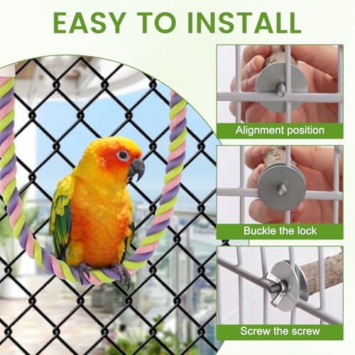 8 Pcs Natural Wood Bird Perch Swing & Bird Rope Platform Set | Fits Small/Medium Parrots (Budgies, Conures) | Multi-Level Cage Gym for Climbing | Safe Chewing | Tool-Free Mount - size: Swing & Rope Set - 8PCS