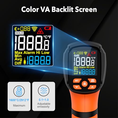 Infrared Thermometer Temperature Gun,-40℉~2912℉ Pyrometer, 50:1 High Temp Thermometer with Thermocouple Probe, Non-Contact Digital IR Laser Thermometer for Industrial HVAC Forge Metal - color: Orange -40°F - 2912°F(-40-1600℃)