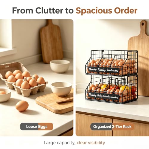 Egg Holder Countertop, Large 2T Chicken Egg Basket for Gathering Fresh Eggs | Egg Storage Organizer with Adjustable 5 Divider & Label, Stackable Wall Mounted Egg Collecting Basket Rack, XXL Black - color: 2T XXL Black