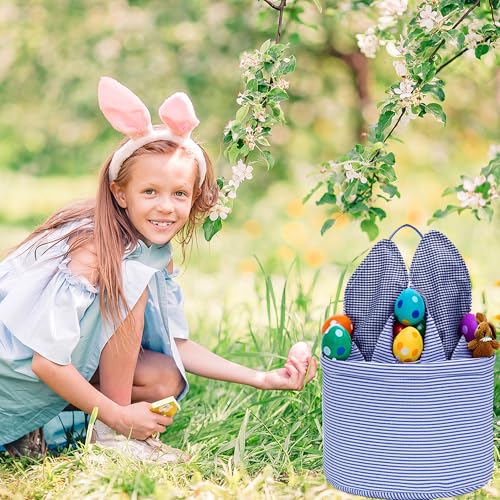Easter Basket Seersucker Egg Hunt Bunny Baskets for Kids with Cute Rabbit Ears Stripe Storage Gifts Candies Personalized Easter Party Gifts… - color: Seersuck blue