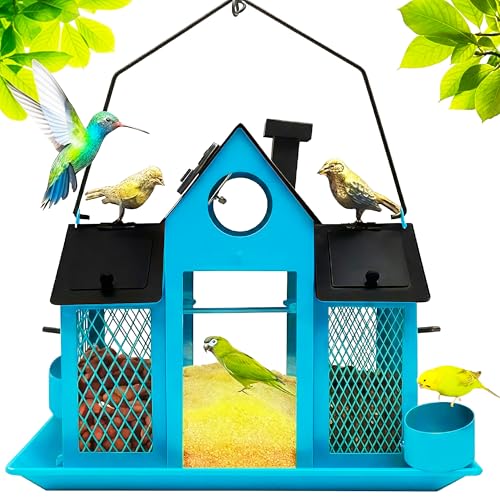 Solar Bird Feeders House for Outside Hanging, Metal Wild Bird Feeder for Outdoors Large Capacity Cardinal Birdfeeder Birdhouses Metal Bird Feeding Station Blue - color: blue