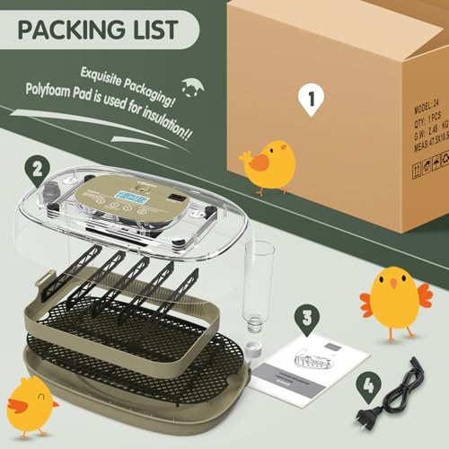 HOWOOlUA 24 Egg Incubator for Hatching Eggs with Auto Turn, Temp & Humidity Control, Built-in Candler Large Capacity Egg Incubator for Chicken Duck Goose Eggs