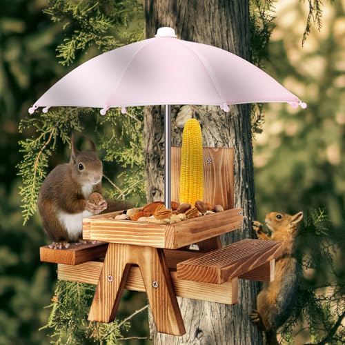 Gnodary Squirrel Feeder with Umbrella, Squirrel Feeders for Outside, Squirrel Picnic Table Feeder - Chipmunk Feeder Hold Corn, Corn Cob, Peanuts (Light Pink) - color: Light-Pink