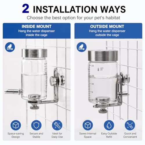 Glass Bird Water Feeder with Magnetic Holder – No Drip Cage Water Dispenser for Small Parrots & Birds, Automatic Drinking Bottle for Cockatiels, Budgies, Lovebirds, Conures(300ml4245-4) - size: L