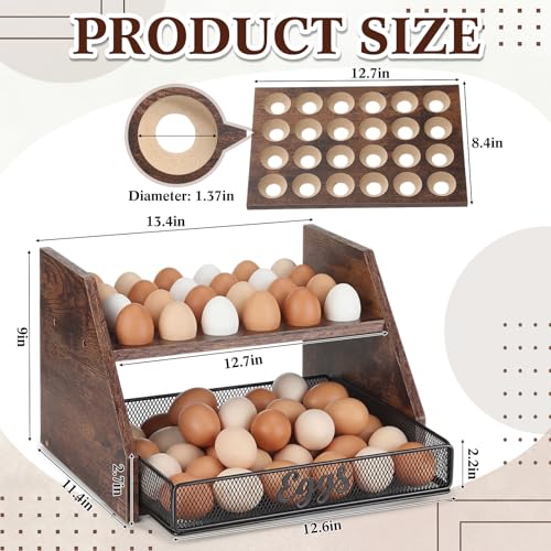 LemonRoad Wooden Egg Holder Fresh Egg Holders with Wire Basket Organizer for Countertop 24+60 Eggs Rustic Kitchen Organizer Basket for Gathering Fresh Chicken/Duck/Quail/Turkey Eggs(Brown) - color: Brown