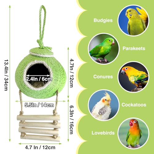Tfwadmx Coconut Hide with Ladder, Natural Coconut Fiber Hanging Birdhouse Cage, Handmade Sisal Rope & Coconut Bird Shell Breeding Nest for Parrot Parakeet Lovebird Finch Canary (2 Pcs Green)