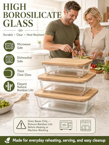 3-Pack Airtight Glass Food Storage Containers with Bamboo Lids | High borosilicate stackable meal prep containers for leftovers. Microwave and dishwasher safe kitchen organization.