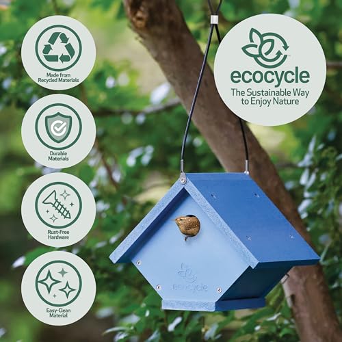 Wren Roost Recycled Plastic Bird House with Clean-Out Door, Wild Bird House and Outdoor Décor, Blue